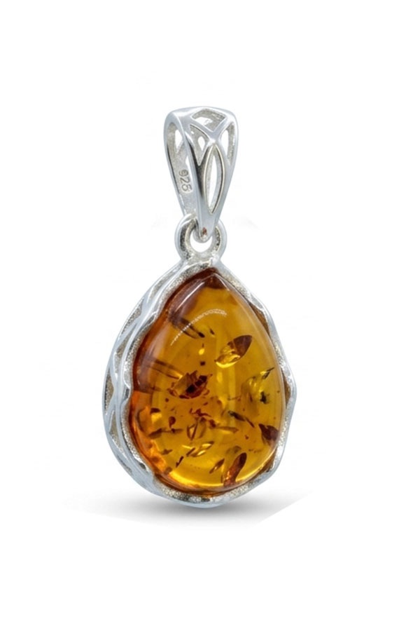 Pendentif-Ambre-Goutte-Argent véritable