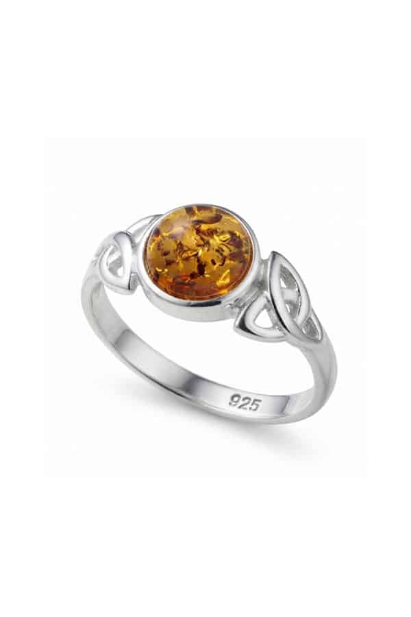 Bague-ambre-celtique en argent sterling blanc.