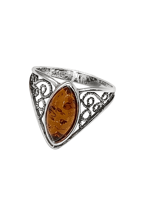 Bague Ancienne En Argent Massif Et Ambre - Taille 58 - Poinçon 925 - Occasion Très Bon état