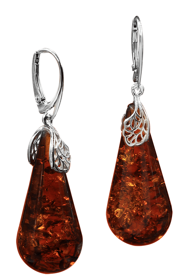 Boucles D'oreilles Pendantes En Ambre Et Argent 925 - Fermoir Clous, Neuves