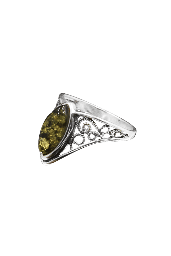 Bague En Argent Massif Avec Cabochon D'ambre Vert – Taille 56, Occasion, Bijou Unique