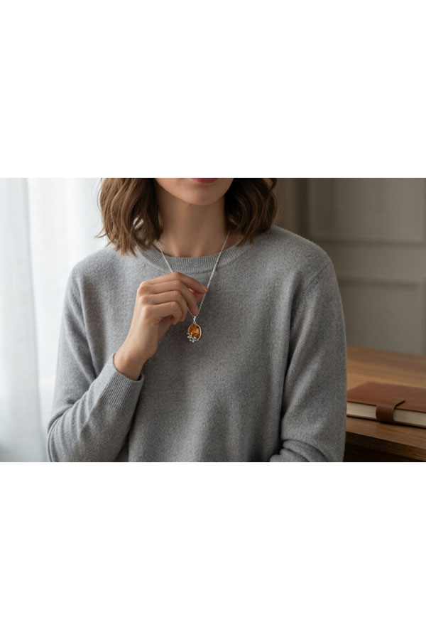 Bijou-papillon,-collier-ambre-et-argent, mannequin