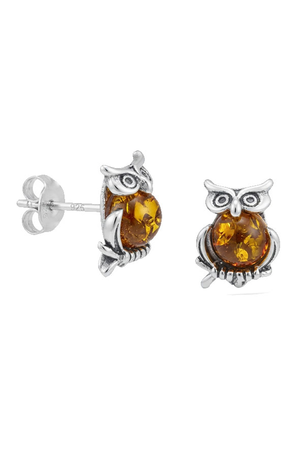 Clous d'oreilles, chouette argent , ambre cognac