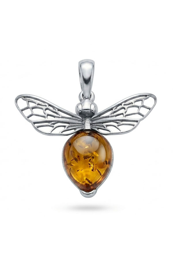 Pendentif Abeille Ambre et Argent rhodié