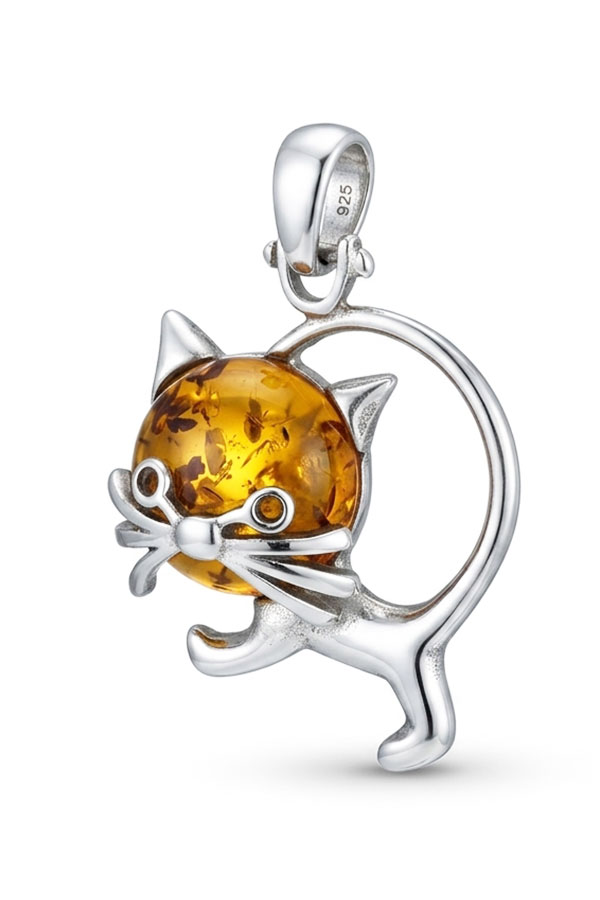 Pendentif chat, ambre et argent poli