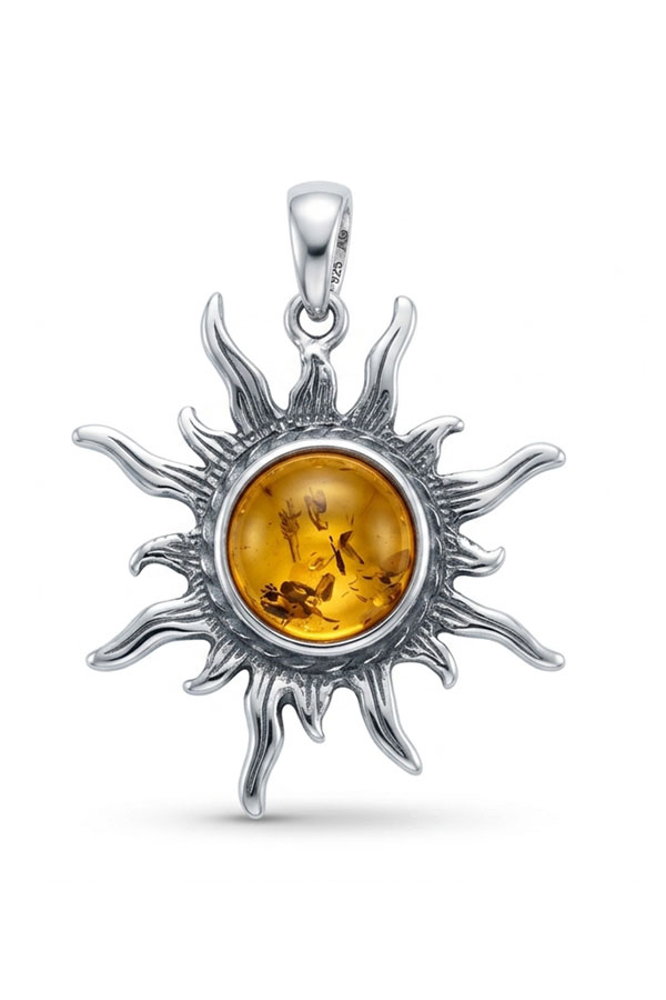 Pendentif en ambre soleil sur argent ouvragé