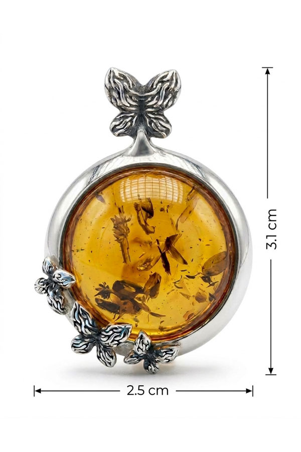 Pendentif papillon ambre & argent, dimensions