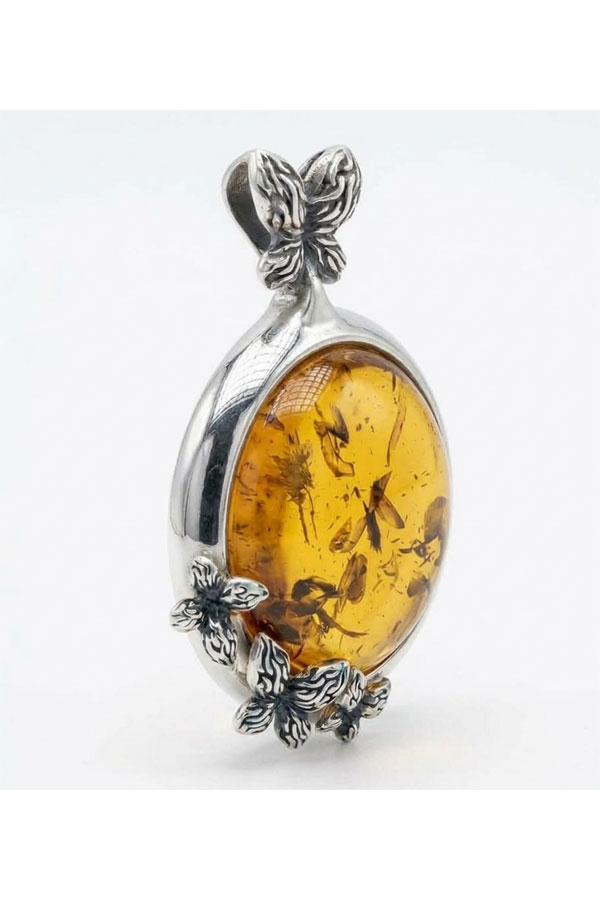 Pendentif papillon ambre & argent, profil