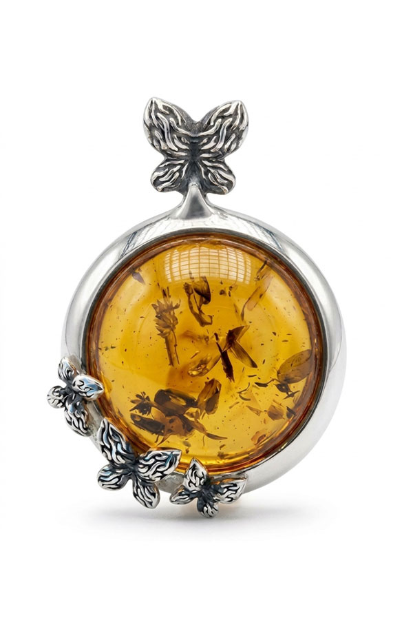 Pendentif papillon ambre & argent rhodié