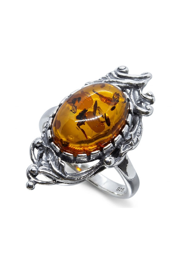 Bague ambre médiévale en argent véritable