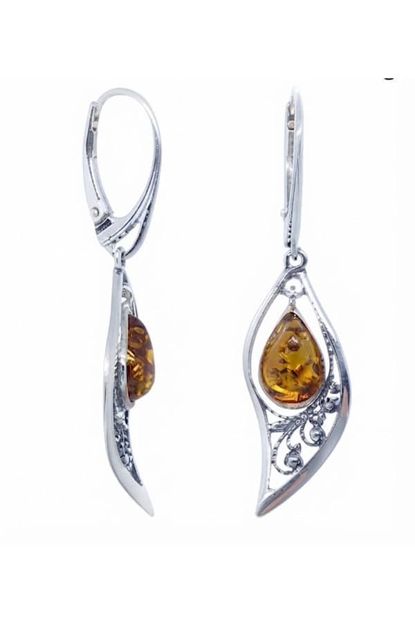 Boucles d'oreilles filigranes, ambre miel et argent sterling