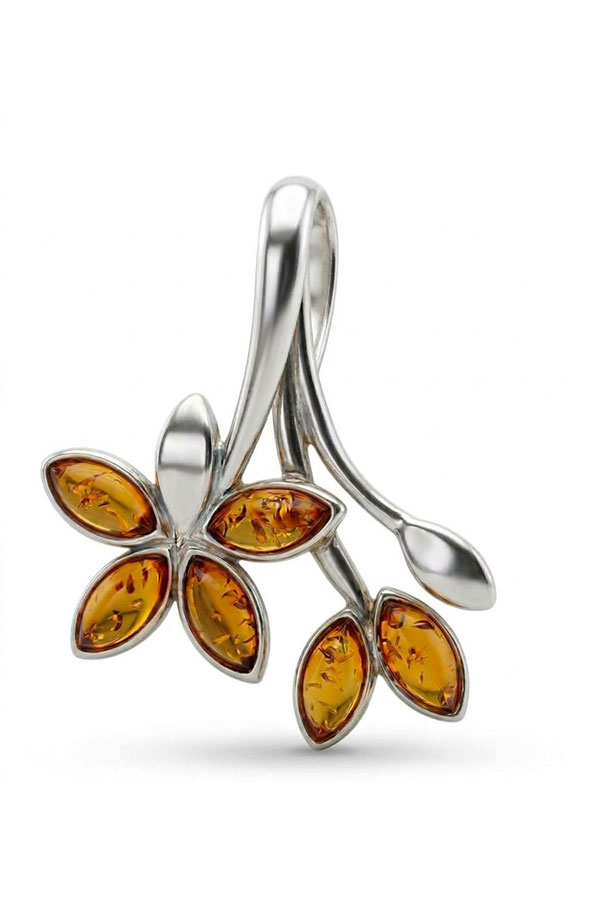 Pendentif ambre & argent fleur