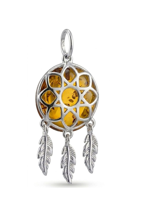 Pendentif ambre attrape rêves et argent rhodié