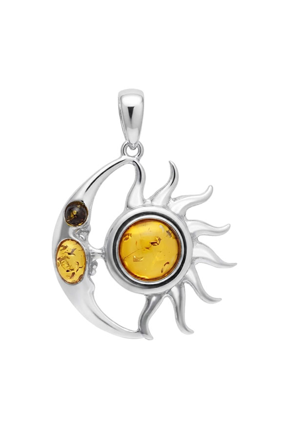 Pendentif ambre lune soleil et argent poinçon 925/1000