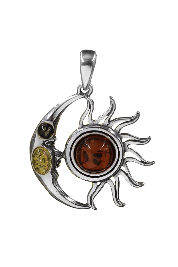Pendentif Soleil En Argent 925 Avec Pierre D'ambre Orange Ronde 10mm - Fait Main En France - Diamètre 28mm