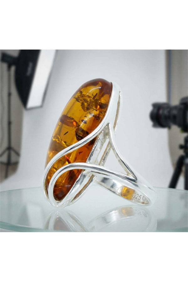 Bague ambre grosse pierre et argent