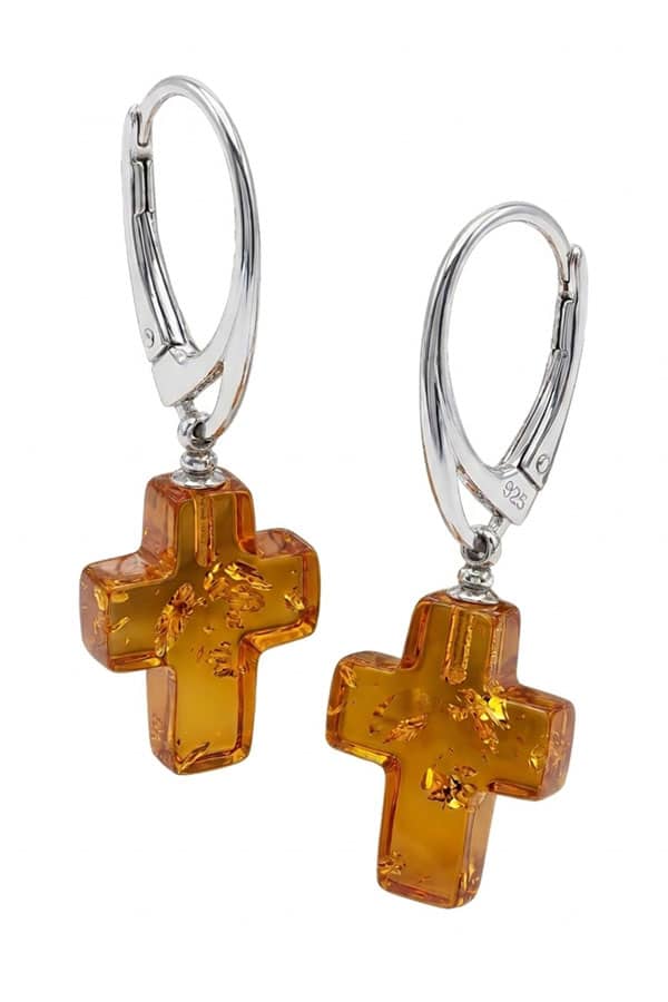 Boucles oreilles croix en ambre et argent