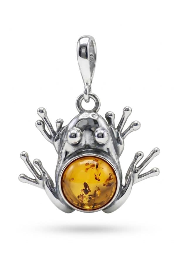Pendentif ambre & argent grenouille