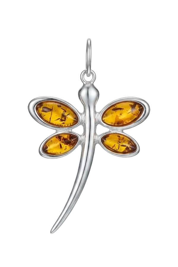 Pendentif ambre forme libellule sur argent sterling brillant