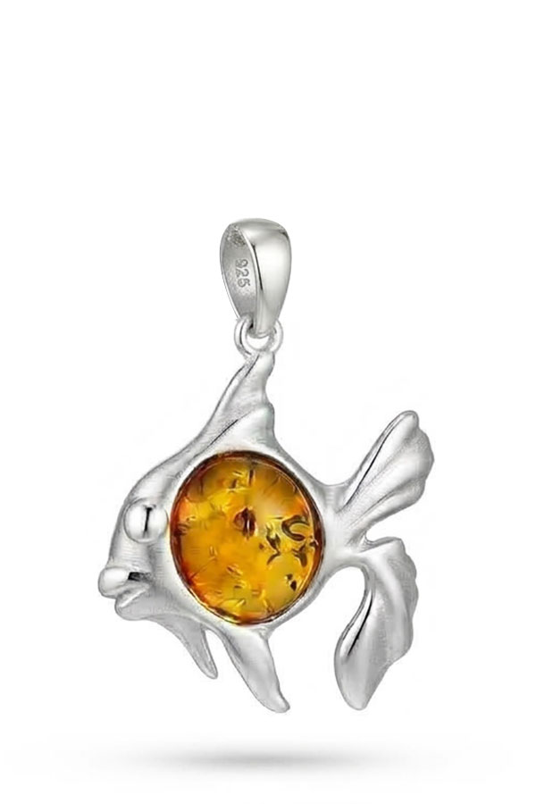 Pendentif ambre style poisson sur argent véritable 925