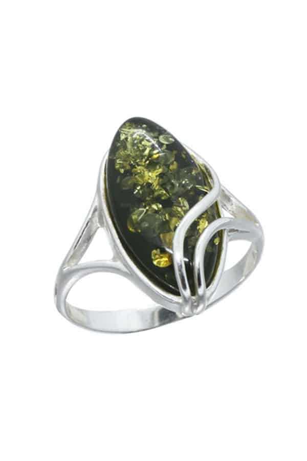Bague ambre vert et argent