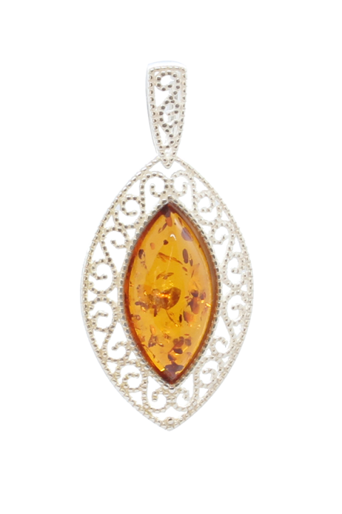 Pendentif En Argent Massif Et Ambre Jaune - Style Art Nouveau, Bijou Occasion Magnifique