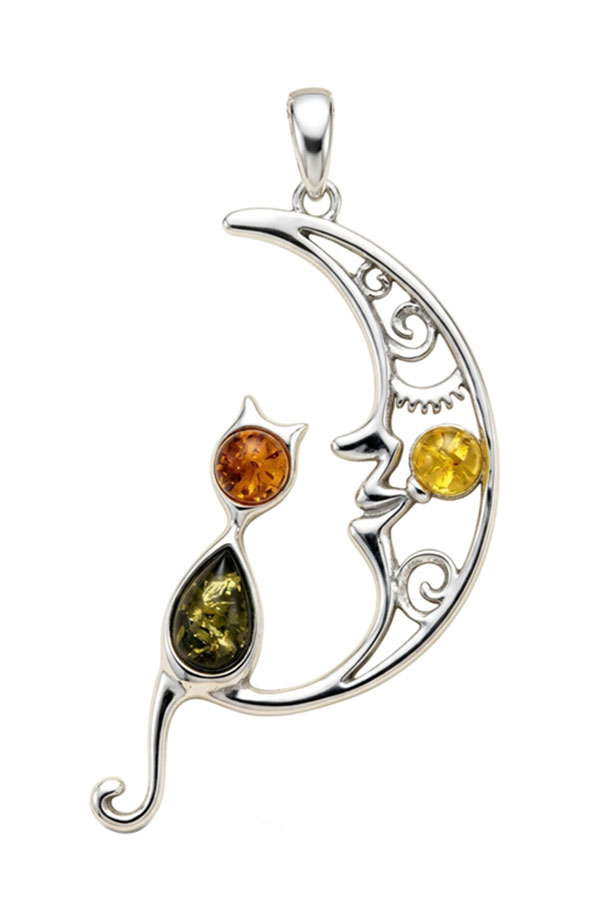 Pendentif chat argent, ambre 3 couleurs