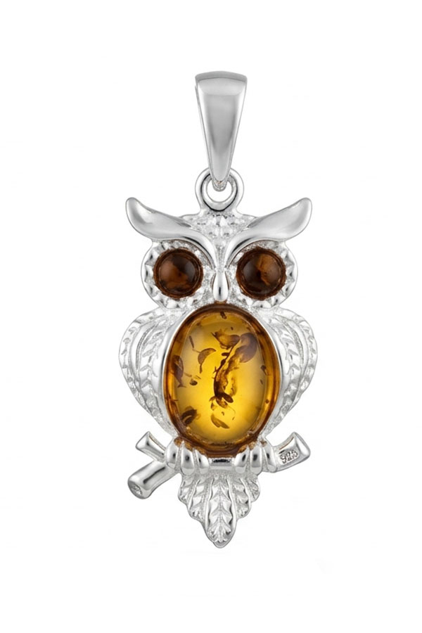 Pendentif Chouette en argent, ambre miel et cognac