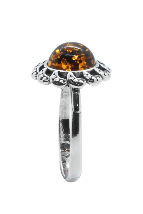 Bague Vintage Ancienne En Argent Fantaisie Avec Perle Couleur Ambre - Occasion