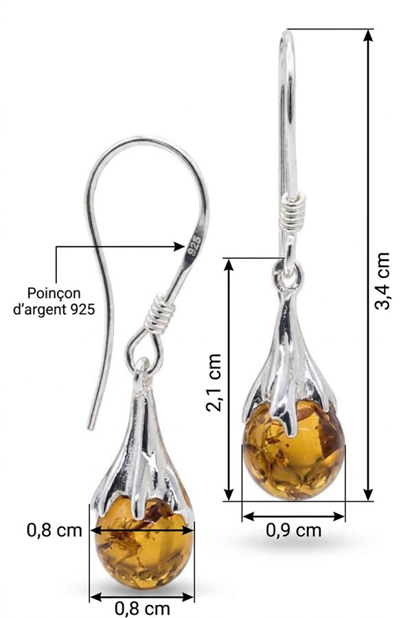Boucles d'oreilles Ambre Griffes, dimensions
