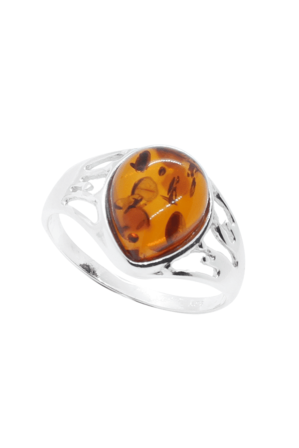 Bague Ancienne En Argent Massif 925 Avec Ambre Orange - Bijou Vintage Poinçonné, Occasion Très Bon État