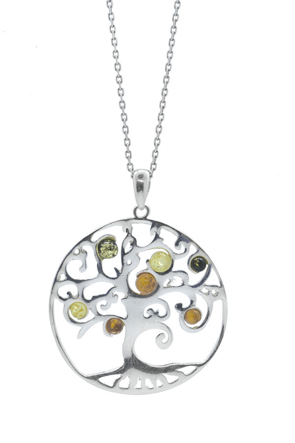 collier arbre de vie avec pierres d'ambre multicolores