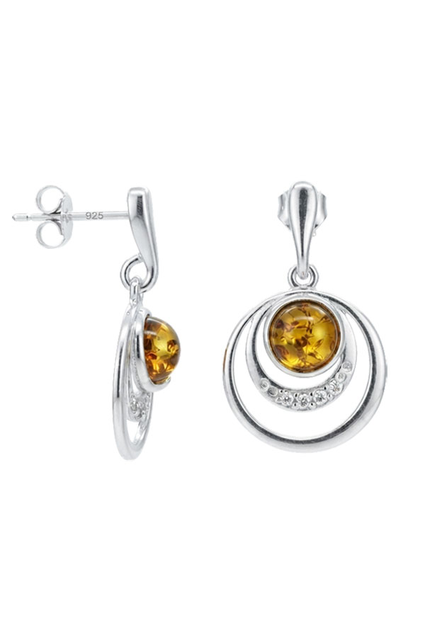 Ambre zirconium, boucles d'oreille ambre cognac et argent 925