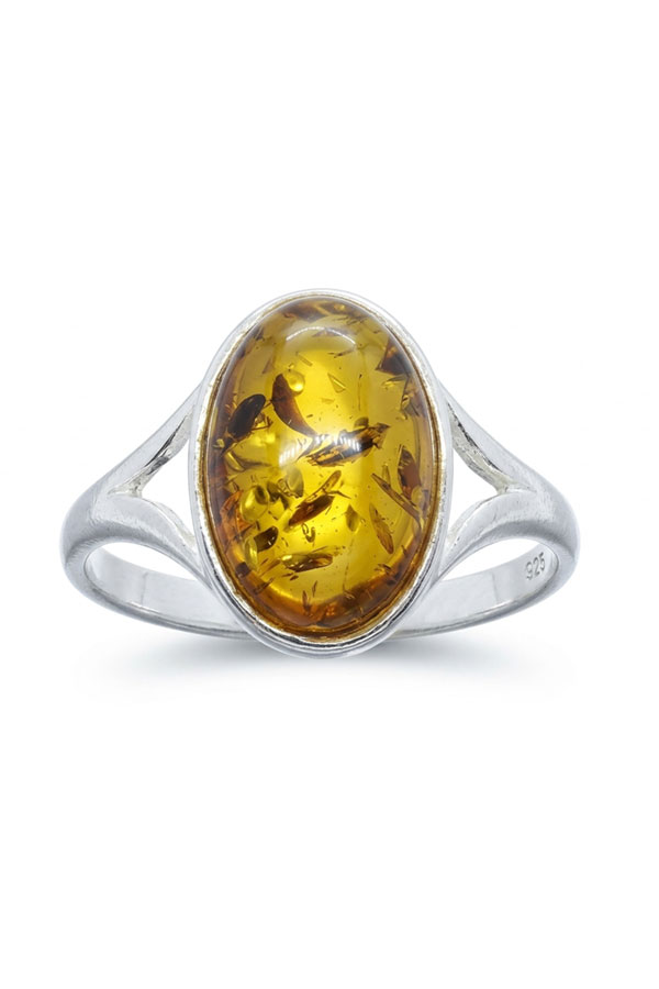 Bague ambre ovale sur argent, ambre couleur miel