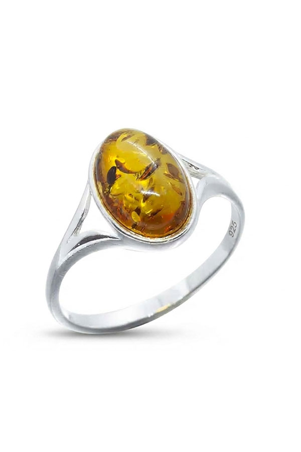 Bague ambre ovale sur argent sterling poinçonné 925/1000