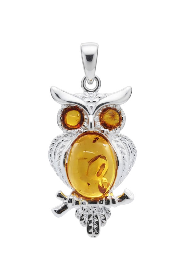 Pendentif-chouette-ambre-jaune et argent 925/1000