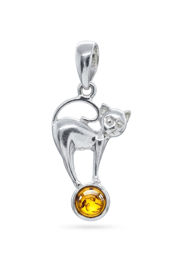 Pendentif chat argent & ambre miel