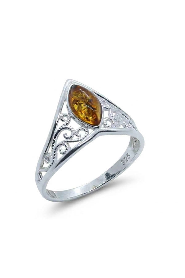 Bague argent blanc et ambre cognac