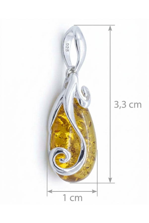 Pendentif Ambre Volute en Argent, dimensions