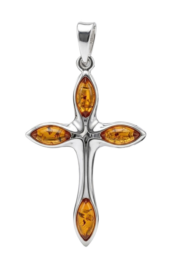 Pendentif croix argent 925 & ambre véritable