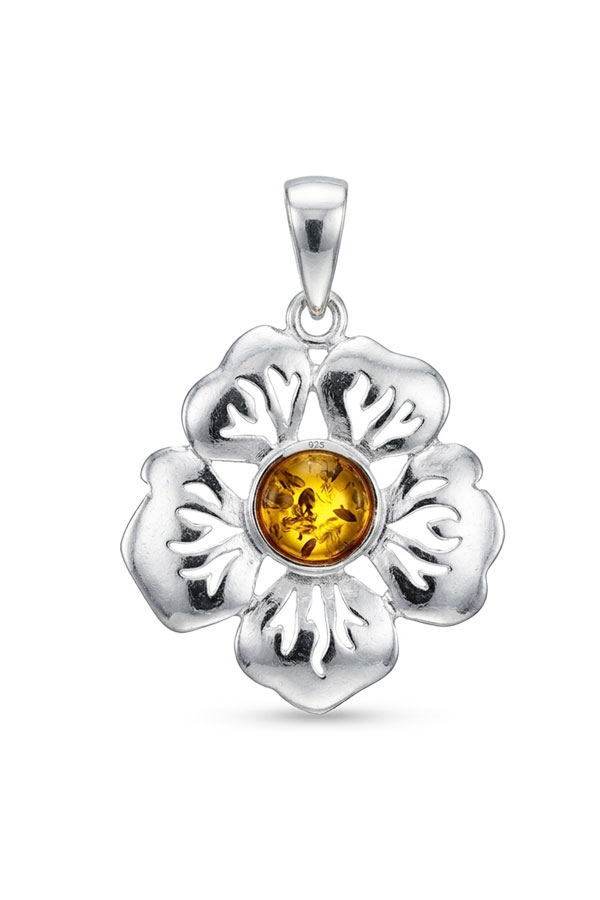 Pendentif motif fleur, ambre et argent