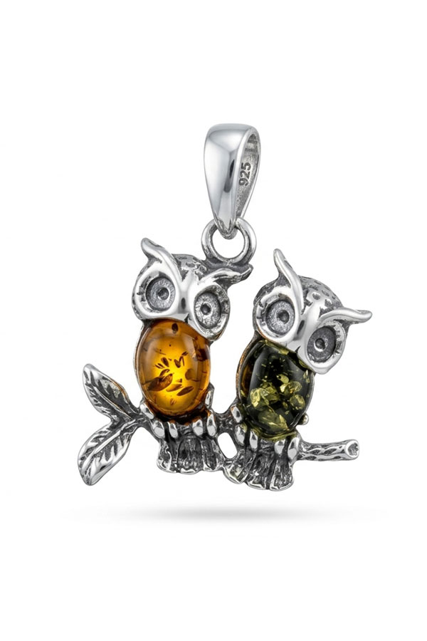 Couple de chouette en ambre et argent