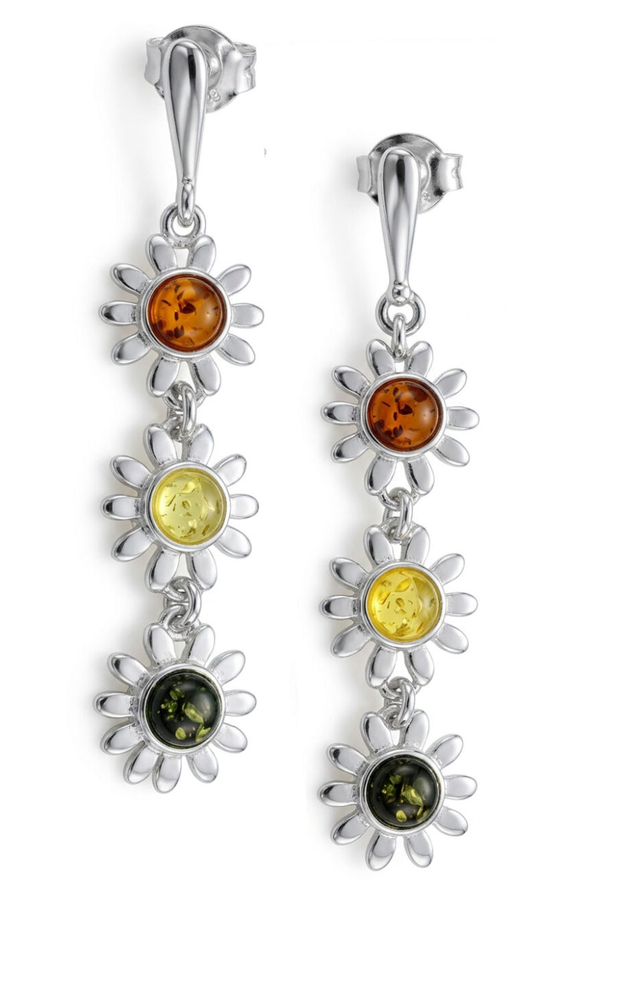 Boucles d’oreilles fleurs ambre et argent