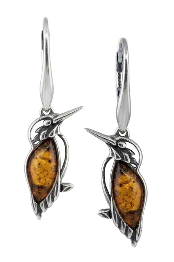 Martin pêcheur argent patiné, argent rhodié, ambre cognac