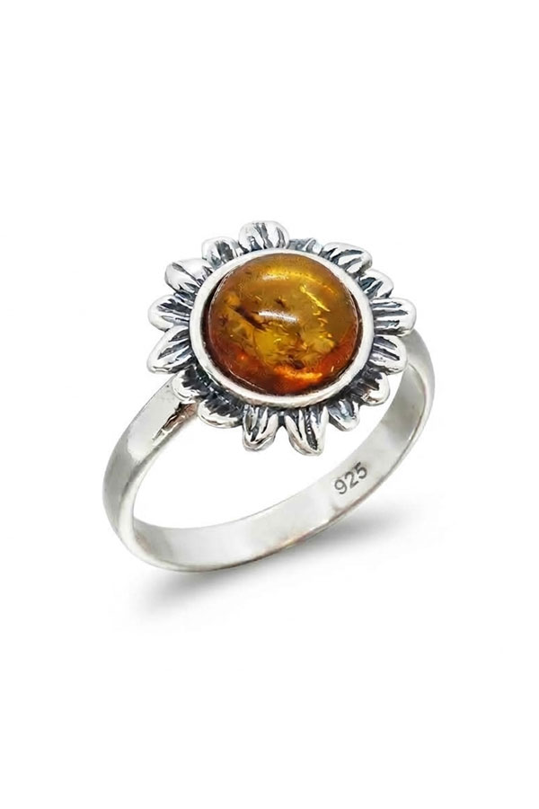 Bague tournesol argent et ambre cognac