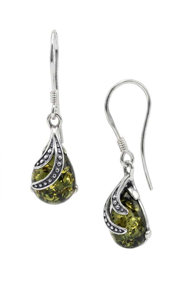 Boucles d'Oreilles Ambre Vert sur argent