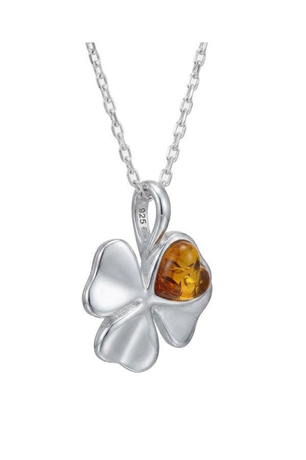 Pendentif-trèfle,-porte-bonheur-ambré et argent véritable