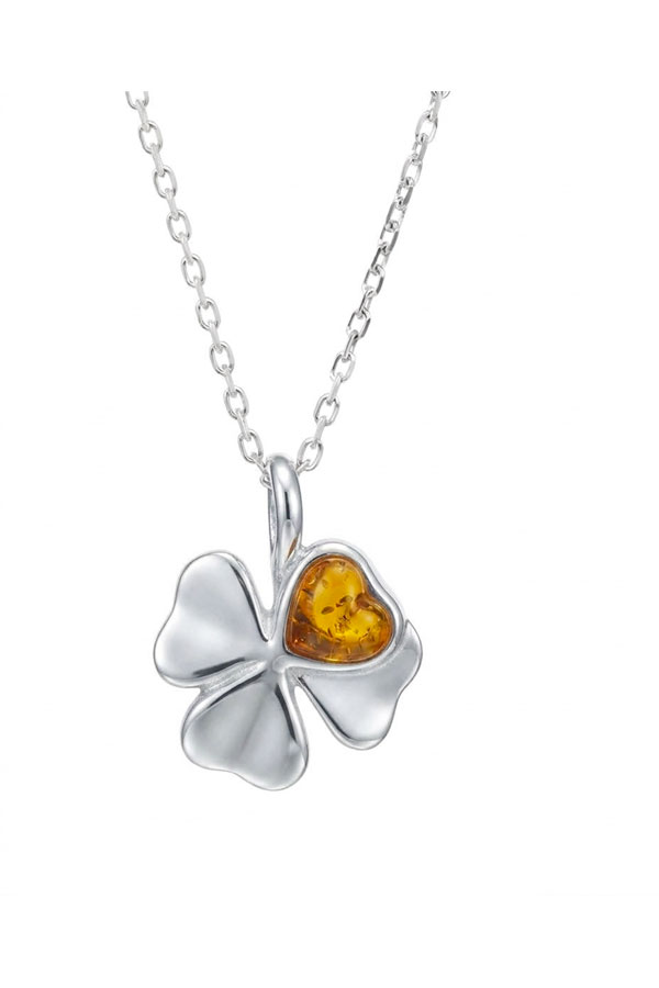 Pendentif trèfle, porte bonheur en ambre et argent 925