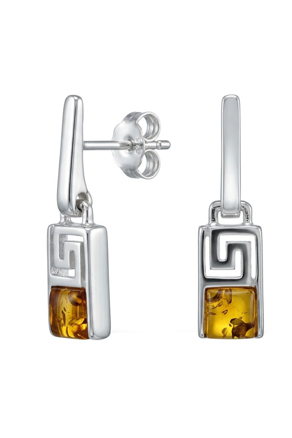Boucles vintages géométriques, ambre cognac et argent