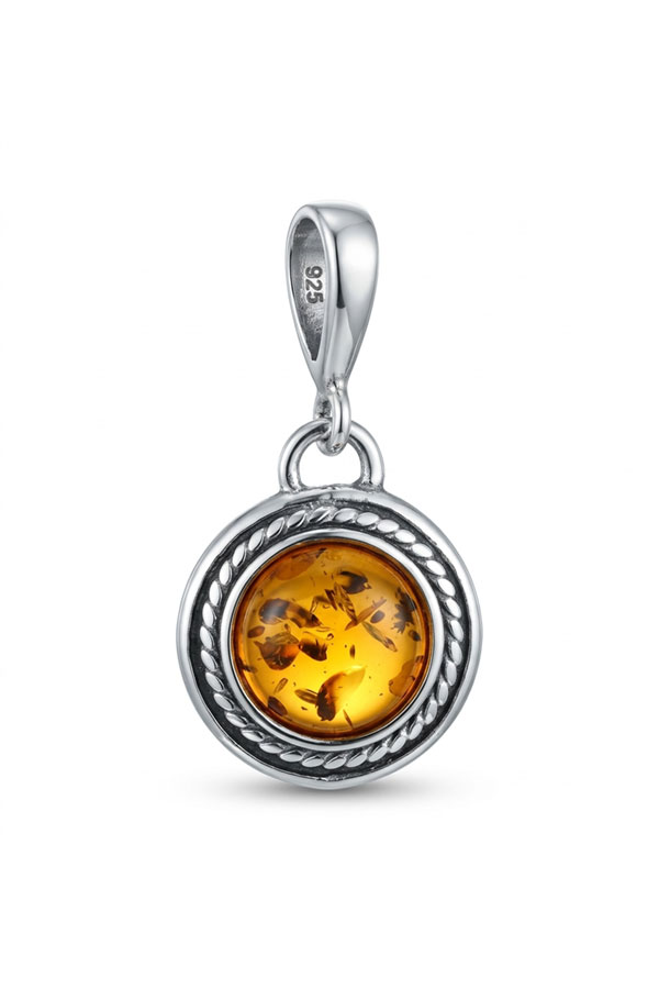 Pendentif rond argent, ambre rond